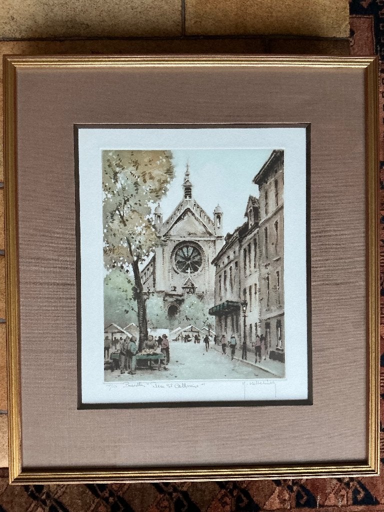 Gravure de Roger Hebbelinck - Bruxelles Place ST Catherine, 44 cm, Gravure, Enlèvement, 39 cm