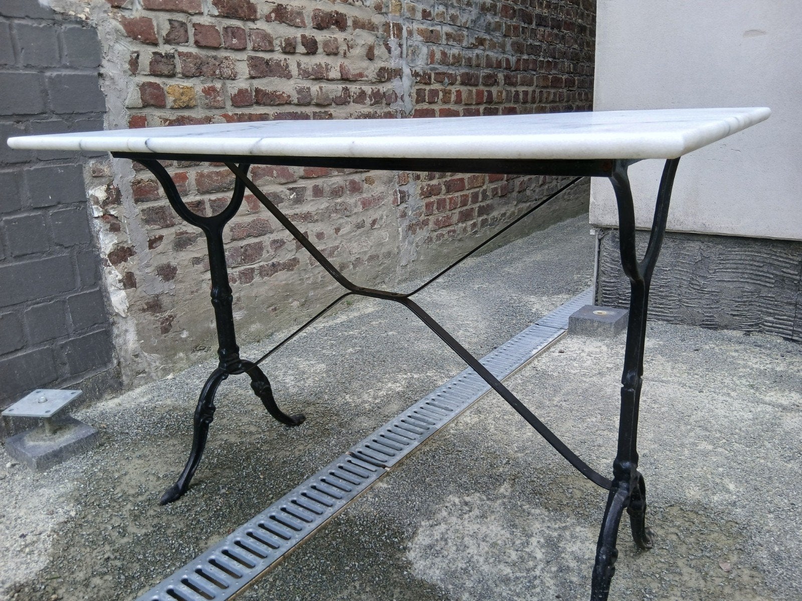 2 bistrotafels – wit marmer & zwarte ijzeren poten, Ophalen, Gebruikt, Rechthoekig, Overige materialen