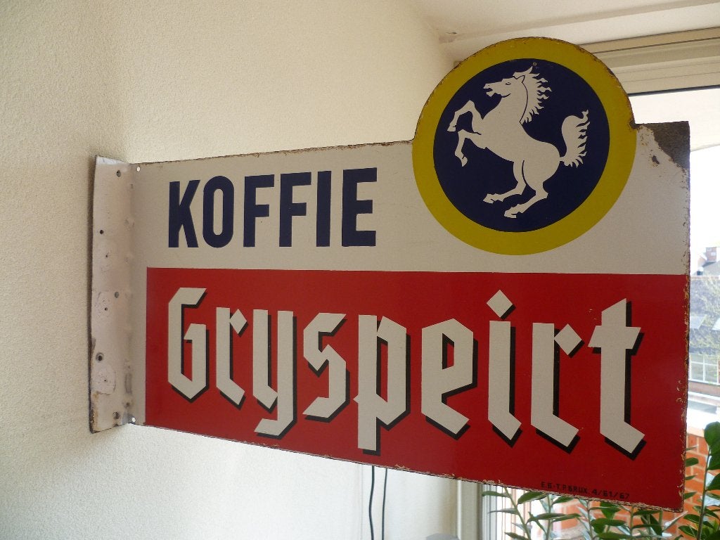 PLAQUE ÉMAILLE  DOUBLE FACE « GREYSEIRT COFFEE » DE 1967, Enlèvement ou Envoi, Utilisé, Panneau publicitaire