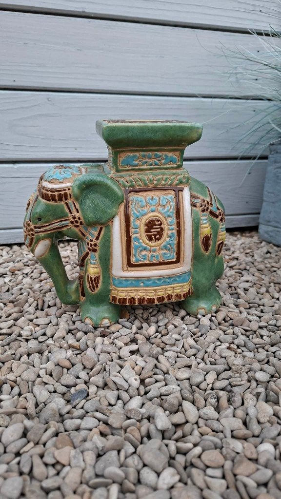 Groene vintage keramische olifant plantenstandaard, Ophalen of Verzenden