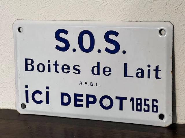 Ancienne plaque émaillée S.O.S. boîtes de lait, A.S.B.L., Antiquités & Art, Enlèvement