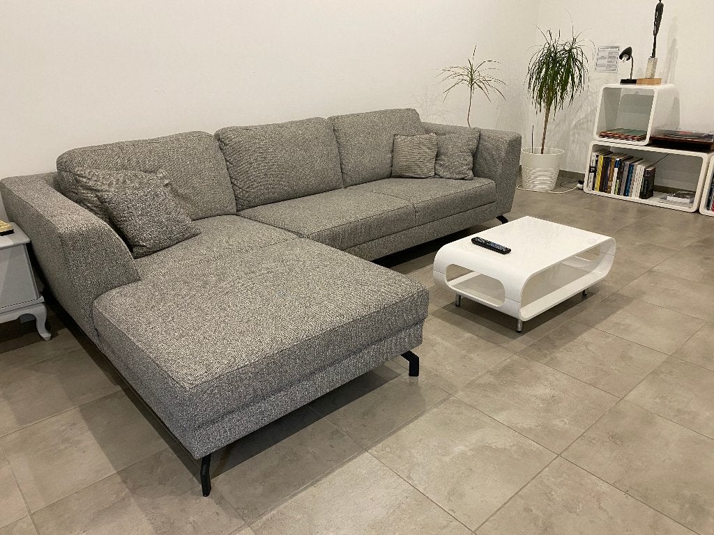 Grand canapé d’angle tissu gris méridienne – comme neuf, Enlèvement, Comme neuf, Bois, Épuré, design, contemporain