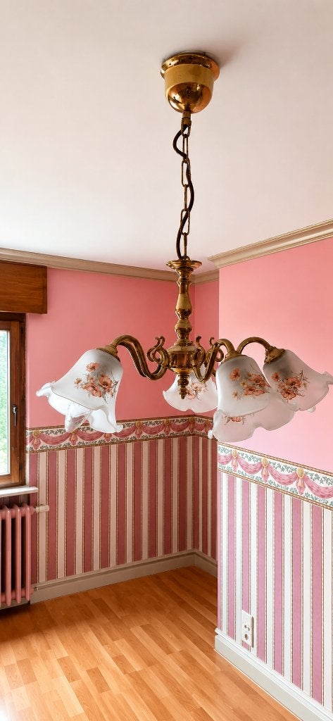 Kroonluchter met 5 takken, koepels in de vorm van bloemen, Huis en Inrichting, Lampen | Kroonluchters, Ophalen, Zo goed als nieuw