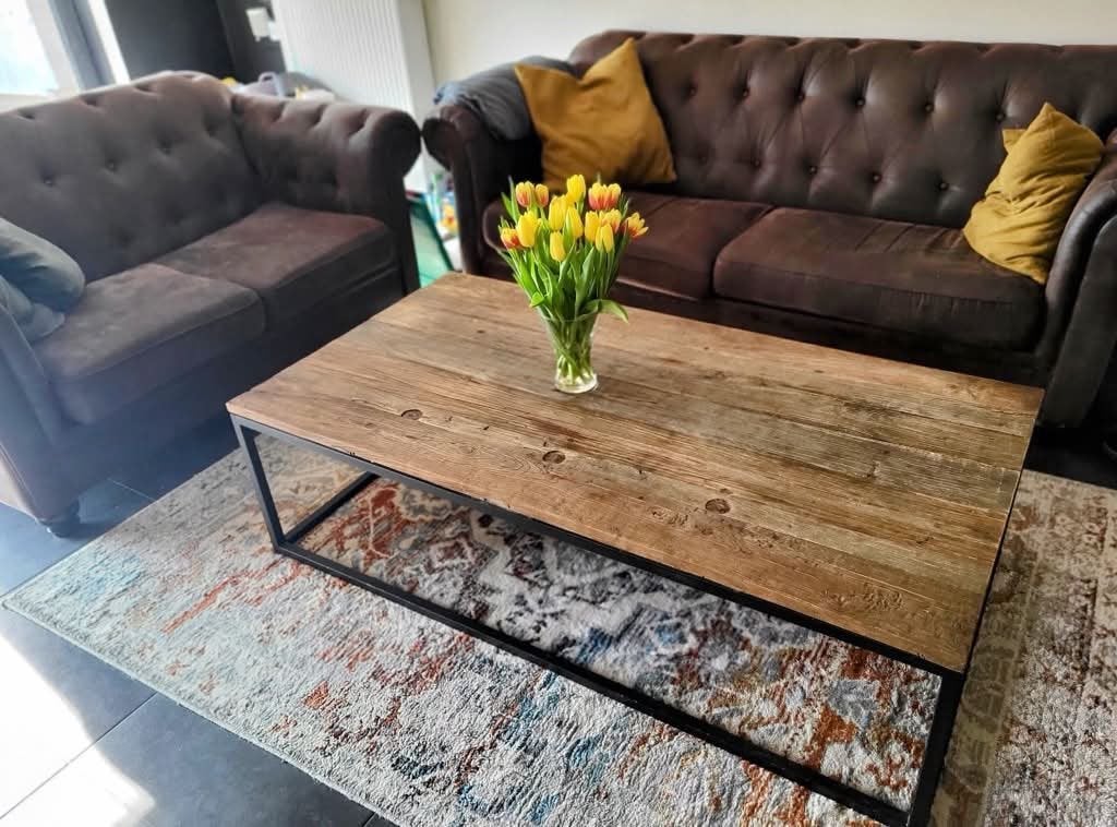 Industriële salontafel, Huis en Inrichting, Tafels | Salontafels, Ophalen, 50 tot 100 cm, Zo goed als nieuw, 150 tot 200 cm