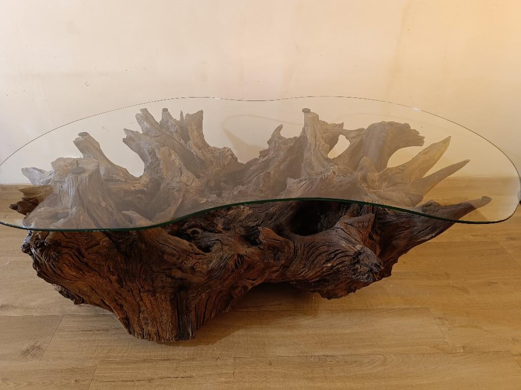 Unieke eiken salontafel, Ophalen, Glas, Gebruikt, 50 tot 75 cm
