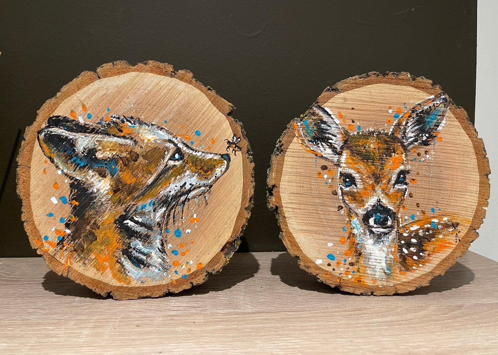 Schilderij dieren op boomschijven Mk Art, Antiek en Kunst, Acrylverf, Hout, Gelimiteerde oplage, Ophalen of Verzenden