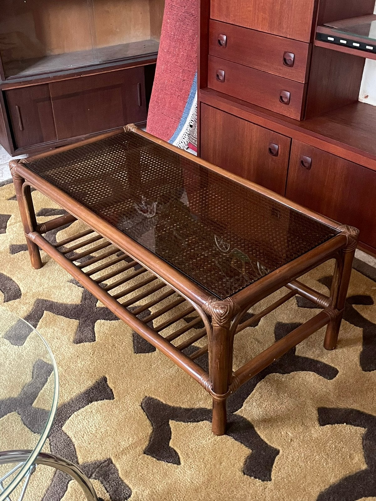 Rotan Rattan Salontafel Bruin met Glas, Ophalen of Verzenden, Glas