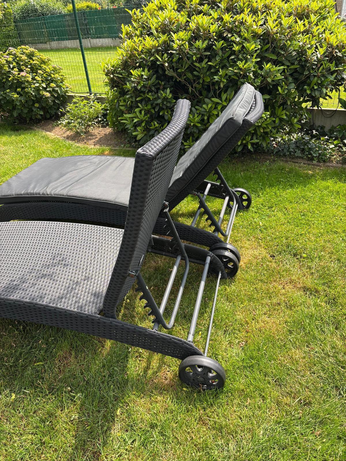 2 ligbedden rotan wicker antraciet met kussen, Jardin & Terrasse, Chaises longues, Enlèvement, Utilisé, Rotin