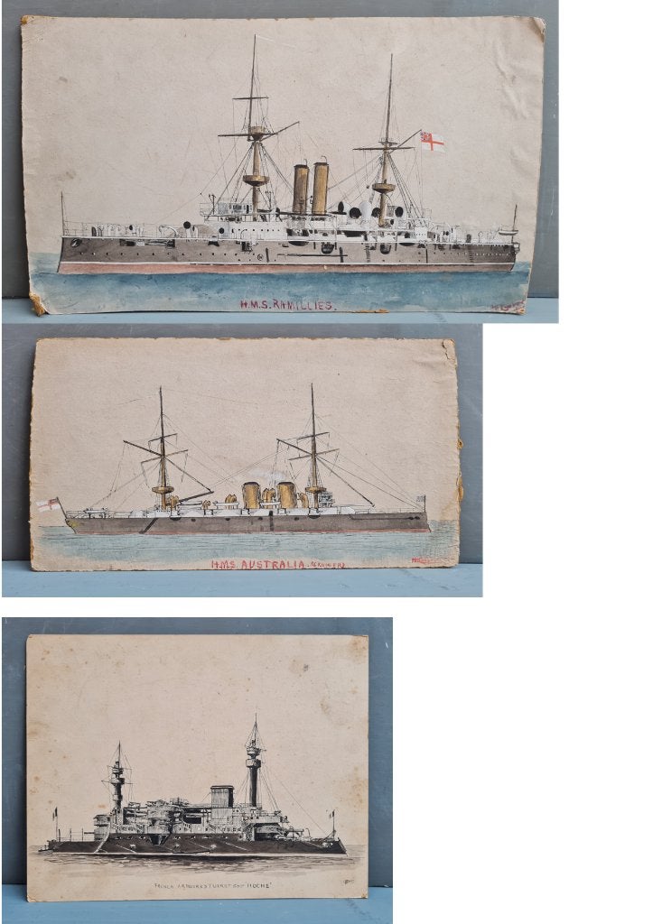 3 Fine Watercolours Battleships Ramillies Australia Hoch, Ophalen of Verzenden