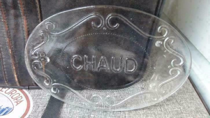 SALE Franse brocante glazen onderzetter met de tekst "CHAUD", Antiek en Kunst, Ophalen of Verzenden
