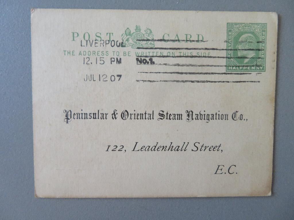 1907 P&O Peninsular Oriental steam navigation ship. company, Enlèvement ou Envoi, Carte postale