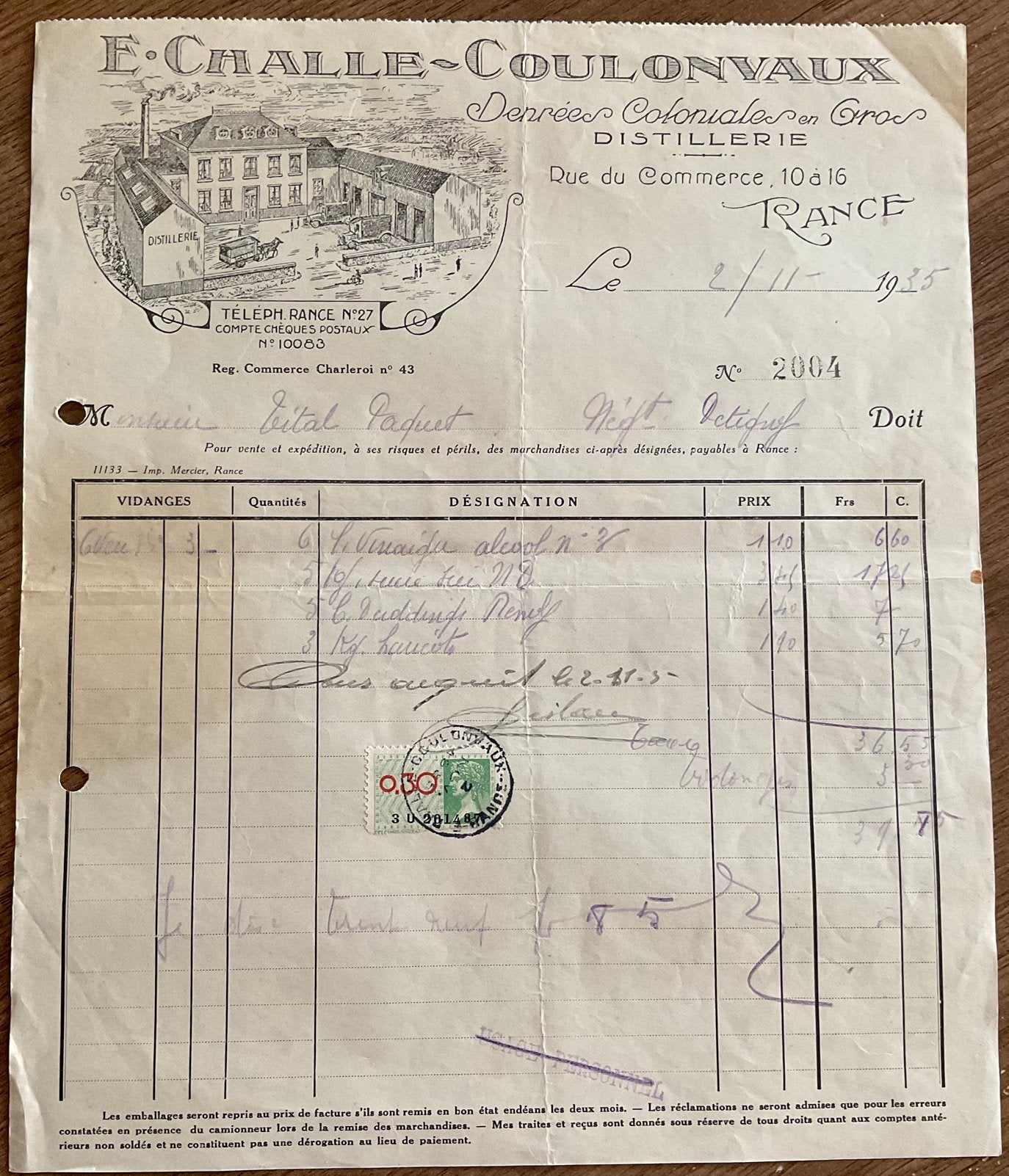 DISTILLERIE E.CHALLE-COULONVAUX/1935/factuur, Ophalen of Verzenden, Zo goed als nieuw, Overige typen