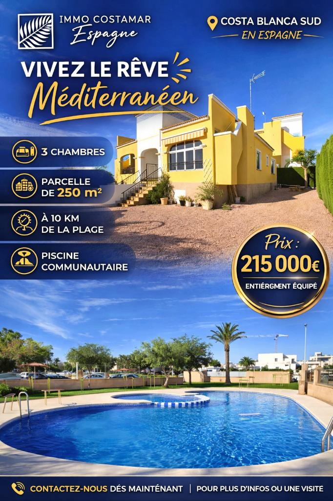 maison 3ch a vendre en espagne costa blanca, Immo, Étranger, Maison d'habitation, Campagne, 90 m², 3 pièces