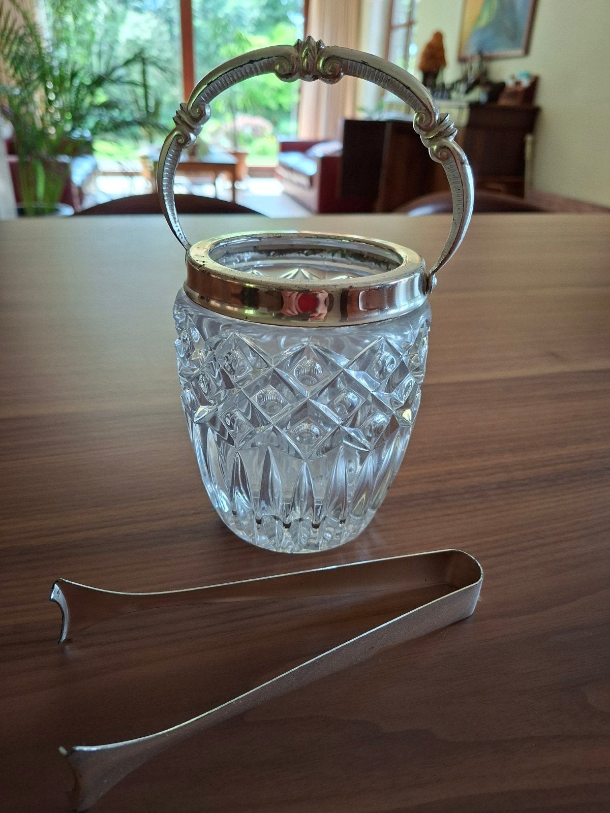 Vintage kristallen ijsemmer met verzilverd handvat + ijstang, Huis en Inrichting, Ophalen