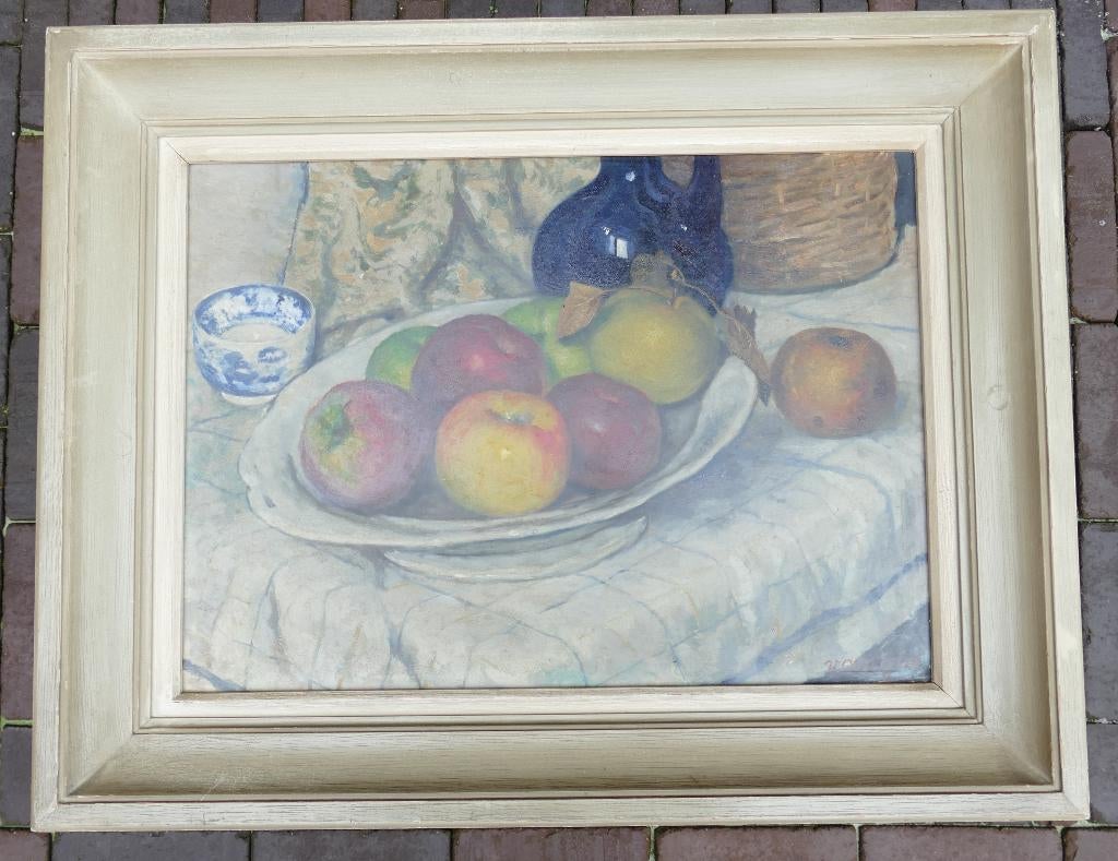 Frans Van Giel : Stilleven met fruitschaal appelen (56x71cm), Antiek en Kunst, Ophalen of Verzenden