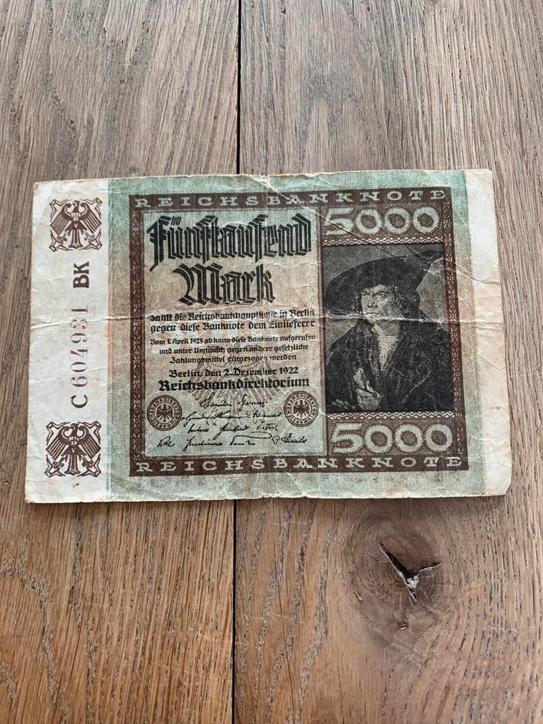 5000 Mark 1922 Reichbanksnote, Postzegels en Munten, Ophalen of Verzenden, Bankbiljetten