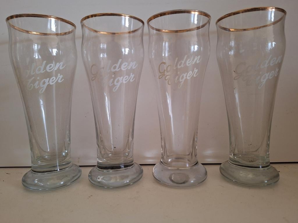 4 oude bierglazen Golden Tiger bier brouwerij DeBlieck Aalst, Enlèvement ou Envoi, Comme neuf