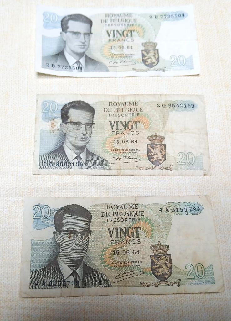 3 Bankbiljetten van 20 Belgische frank 1964, Postzegels en Munten, Ophalen of Verzenden, Setje