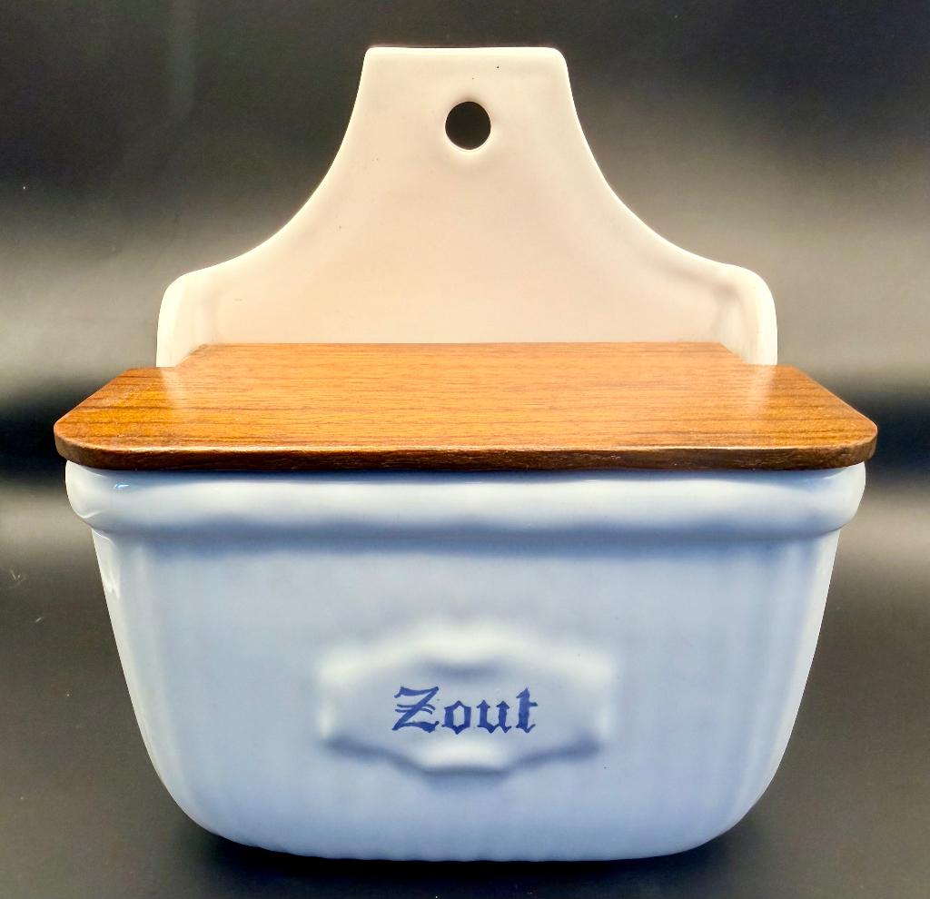 Vintage Wandzoutvat Delfts Blauw met Houten Deksel, Ophalen of Verzenden