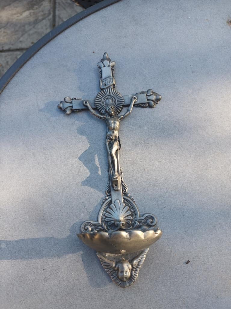 Wijwater vaatje in tin, Antiek en Kunst, Antiek | Religieuze voorwerpen, Ophalen of Verzenden