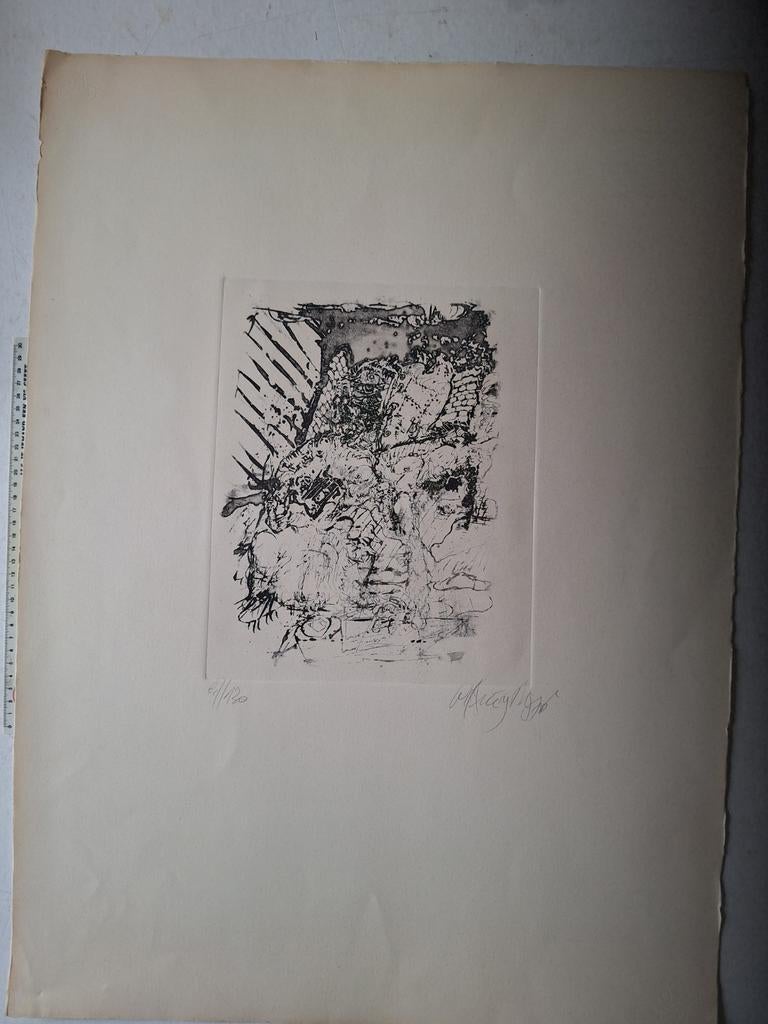 Mooie ets Wilfried Pas met een abstracte compositie 1976, Antiek en Kunst, Ophalen of Verzenden
