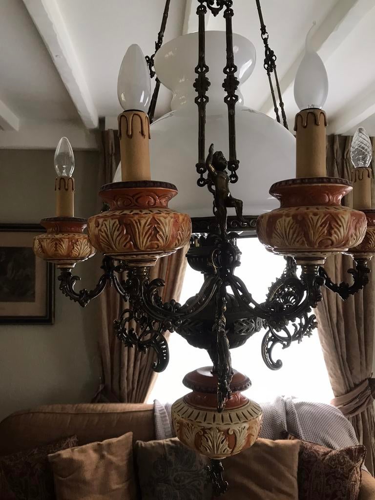Luster met witte glazen kap, Huis en Inrichting, Lampen | Kroonluchters, Ophalen of Verzenden, Zo goed als nieuw