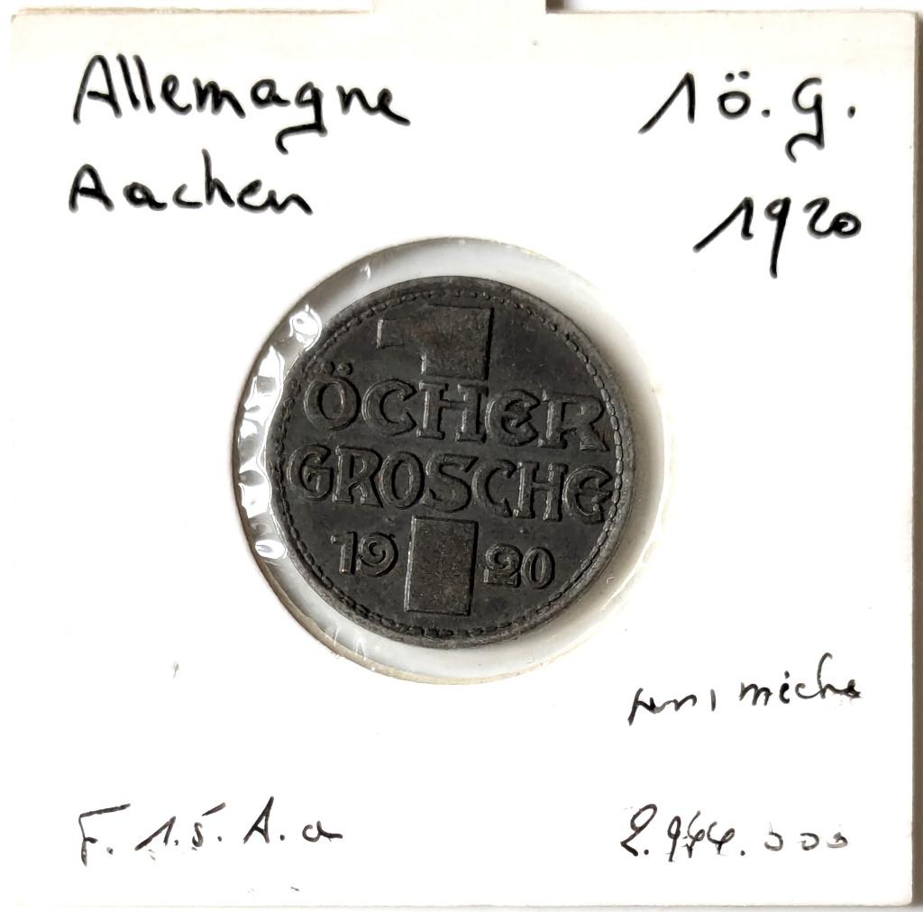 Munt Duitsland: Stadt Aachen: 1 Öcher Grosche 1920, Ophalen of Verzenden, Duitsland, Losse munt