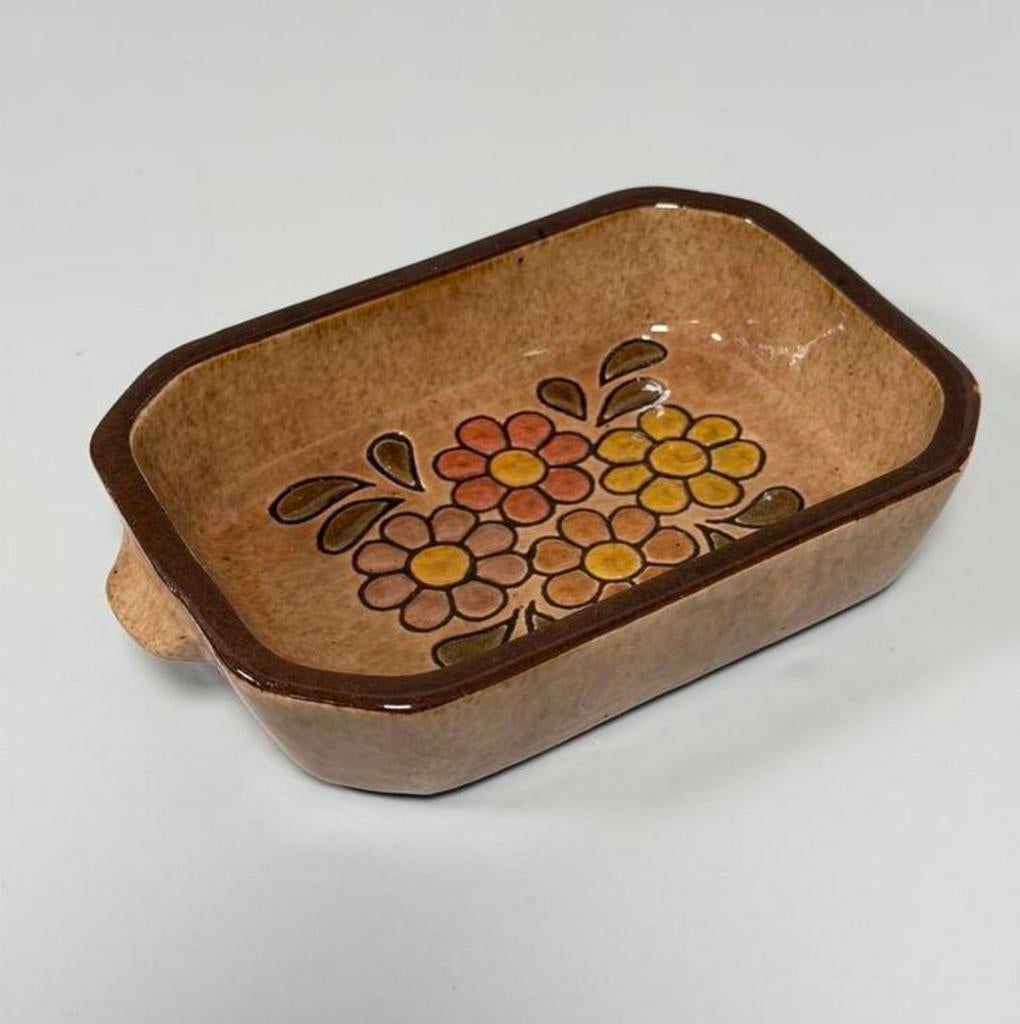 Vintage keramieken ovenschaaltje jaren ’70 bloemenprint, Ophalen of Verzenden