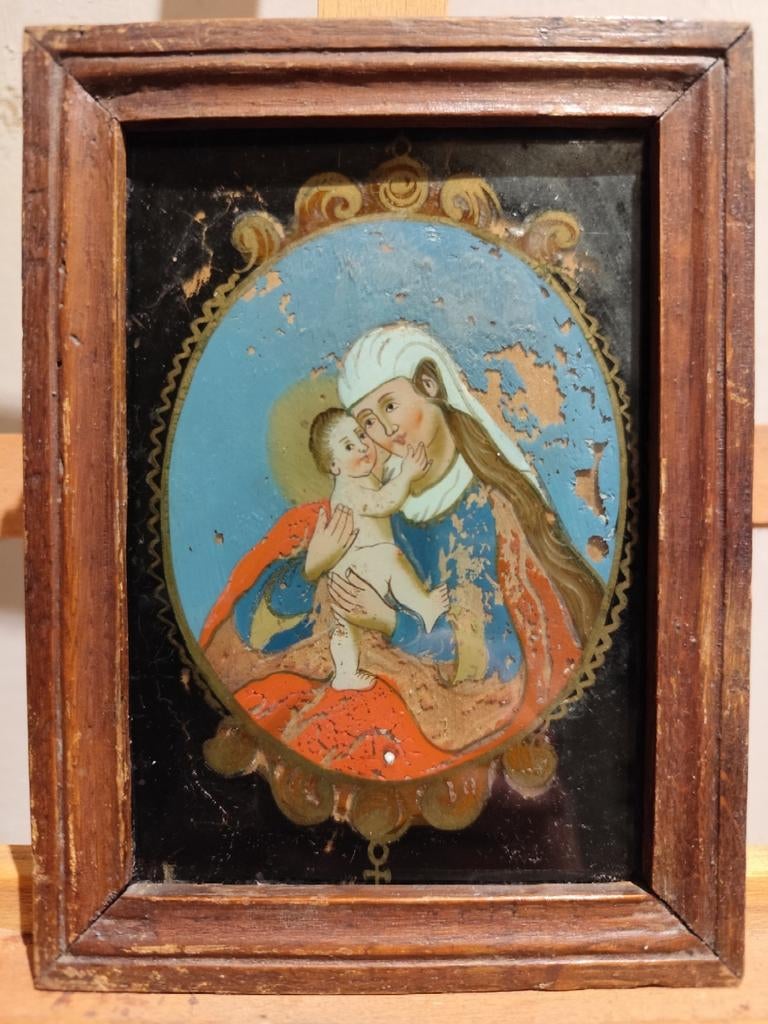 Madonna and Child Fixed onder glas, geëglomiseerd. Pictogram, Antiek en Kunst, Ophalen