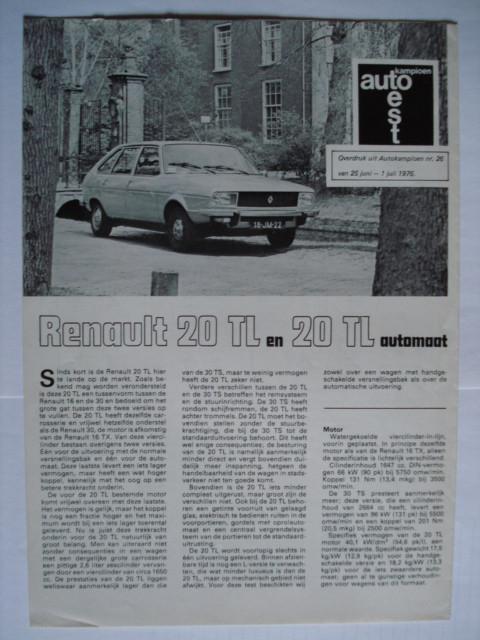 Renault 20 TL & Automaat 1976 Brochure Catalogue Prospekt, Verzenden, Gelezen, Renault