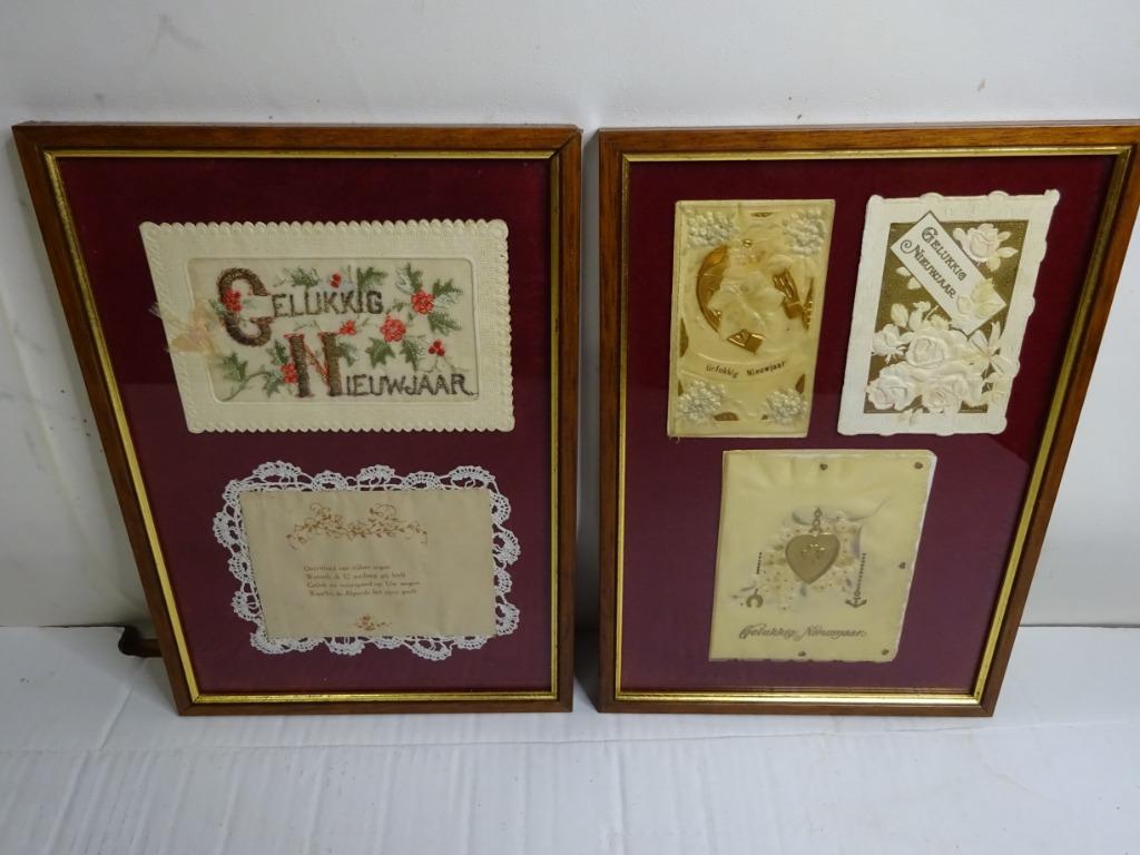 Twee vintage kaders met geborduurde nieuwjaarskaarten.,1920., Ophalen of Verzenden