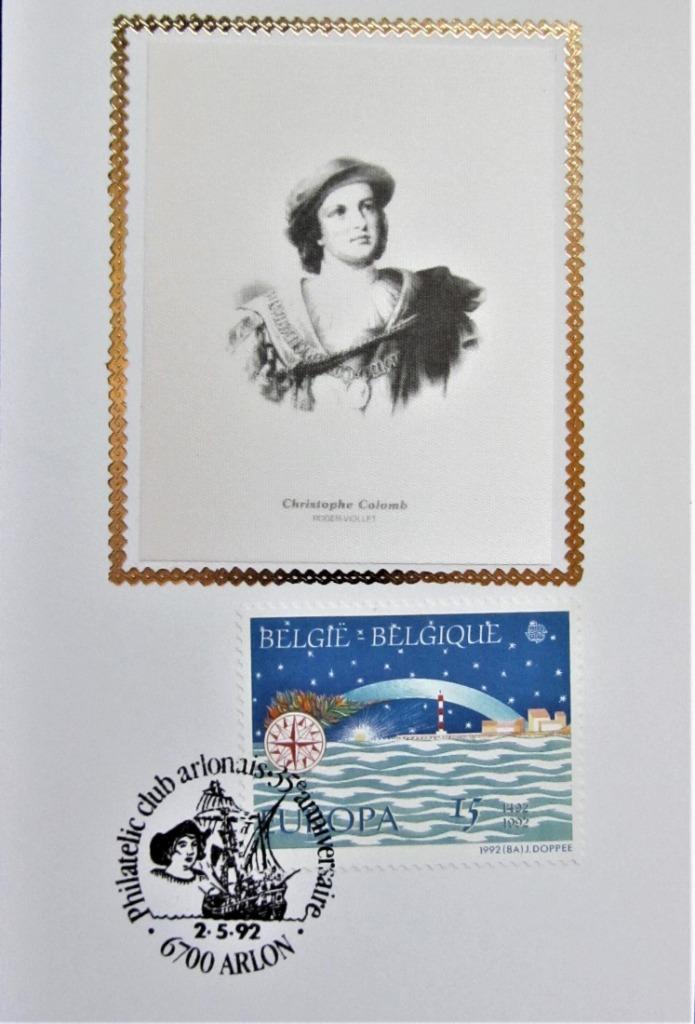 FDC OP KAART EN  ZIJDE-  GESCHIEDENIS- CHRISTOFFEL COLUMBUS, Ophalen of Verzenden, Gestempeld, Overige thema's