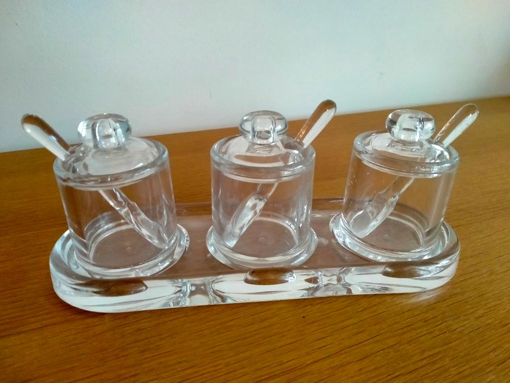 Acryl set van 3 potjes met deksel en lepel, Ophalen of Verzenden, Zo goed als nieuw, Overige materialen, Pot, Bus of Blik