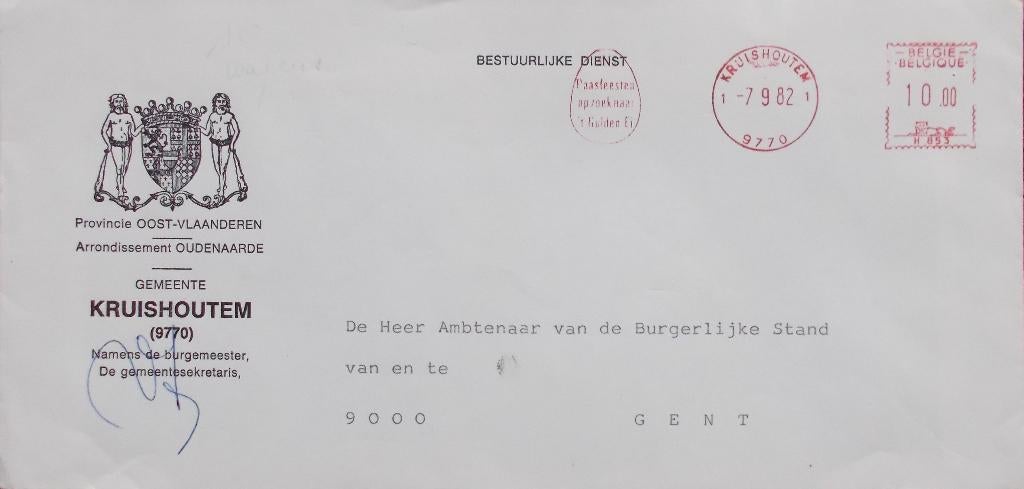 Kruishoutem 9770 frankeerstempel 1982 "Paasfeesten op zoek n, Verzenden