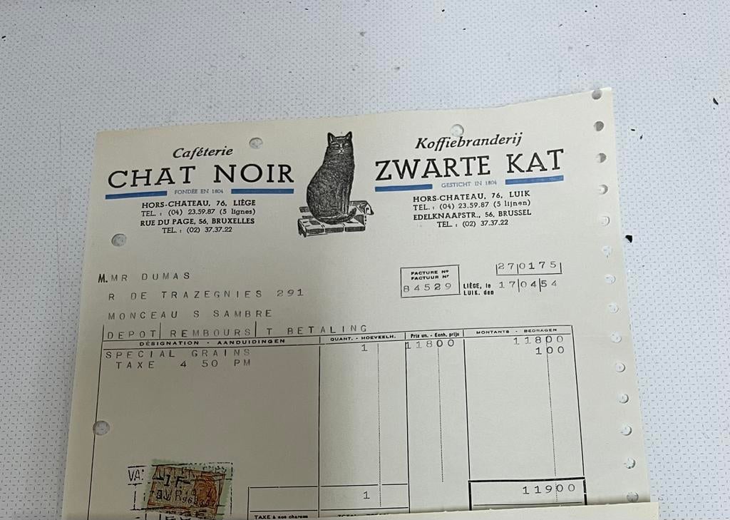 Zwarte kat chat noir factuur 1954, Verzamelen, Ophalen of Verzenden, Zo goed als nieuw