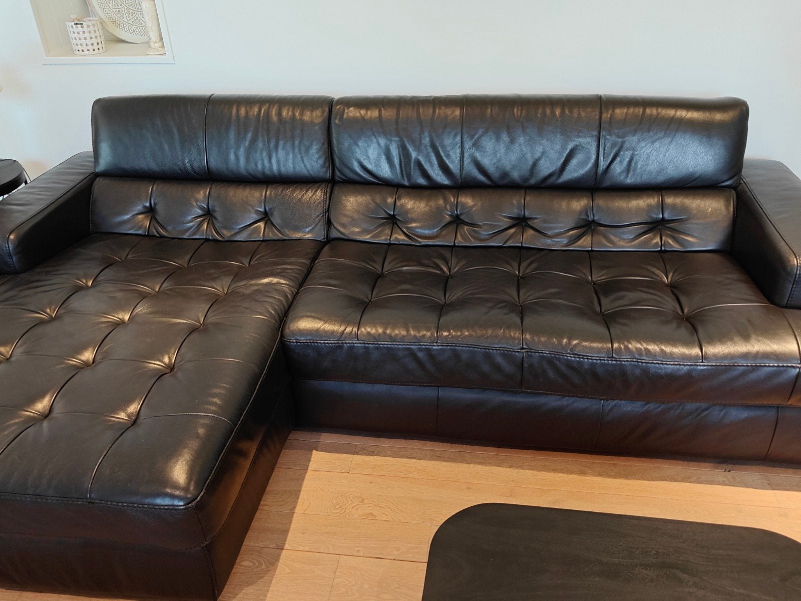 zwarte lederen zetel met longchair, Ophalen, Gebruikt, Leer