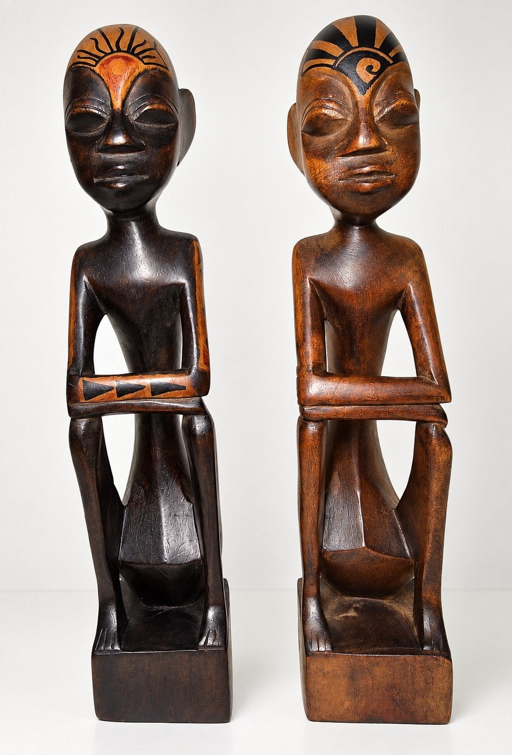 Set van 2 houten Afrikaanse sculpturen – De Denker – 30cm, Ophalen of Verzenden, Handgemaakt, 20 - 50 cm, Beeld