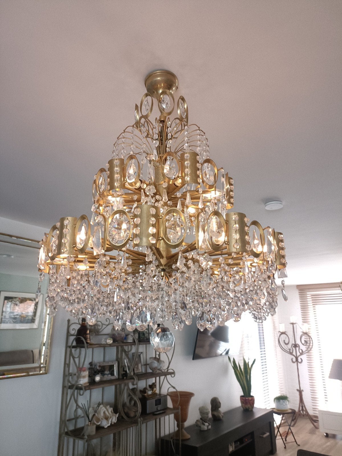 Vergulde kristallen kroonluchter/ luster, Huis en Inrichting, Lampen | Kroonluchters, Ophalen