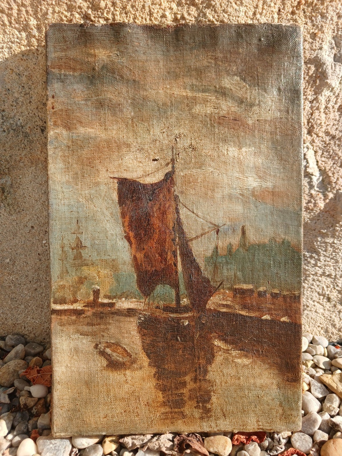 Havengezicht met zeilboot, Maritiem / water, Overige stijlen, Doek, Ophalen of Verzenden
