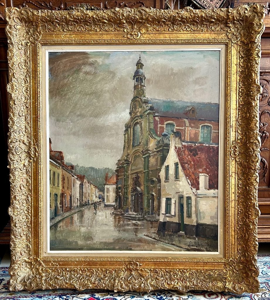 Lode Verhoeven - olieverf op paneel - “Lierse Begijnhofkerk”, Antiek en Kunst, Kunst | Schilderijen | Klassiek, Ophalen, Paneel