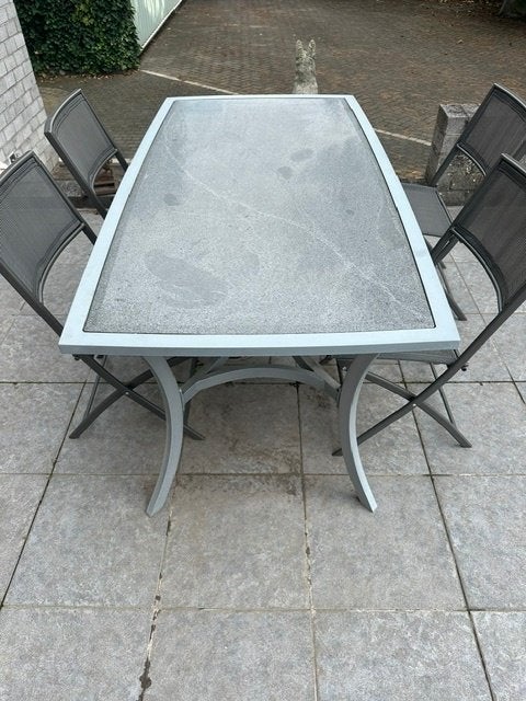 terras tafel met  4 stoelen, Ophalen, Zo goed als nieuw, Rechthoekig, Overige materialen