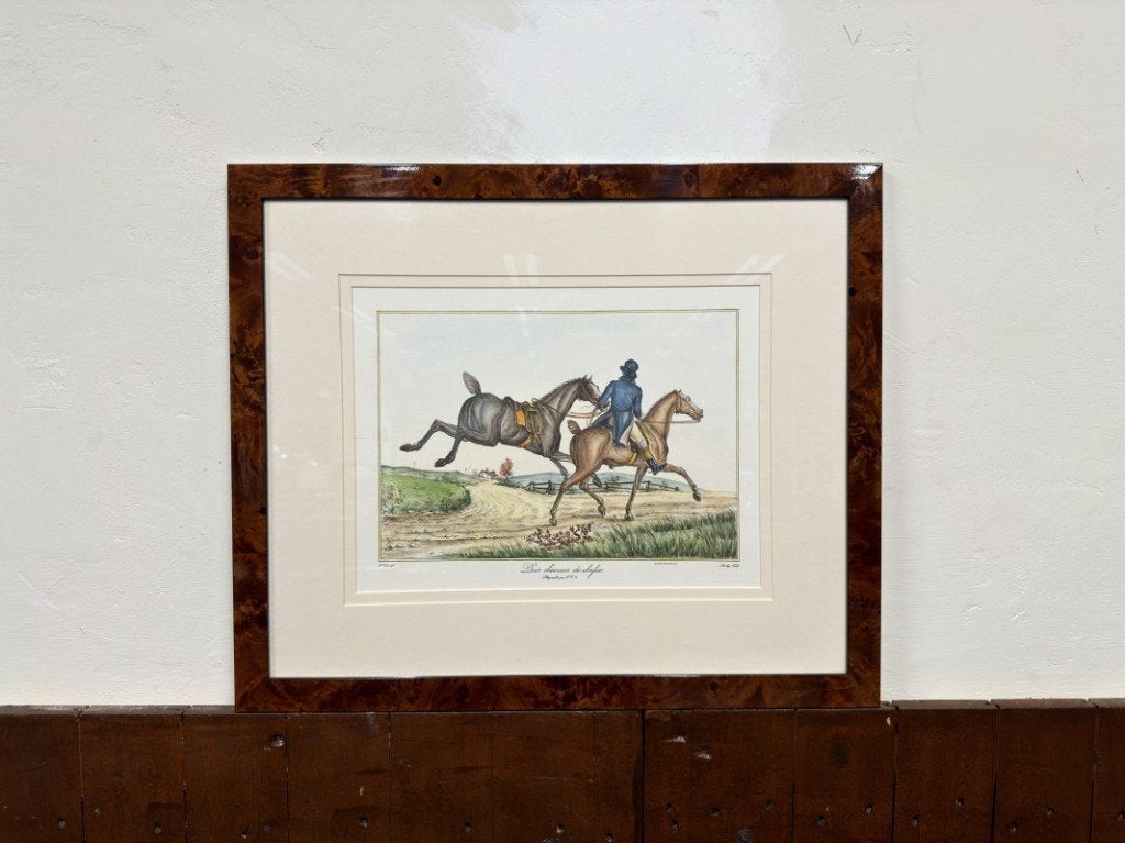 Oude Engelse prent Ruiter in notenhouten lijst, Antiek en Kunst, Ophalen of Verzenden