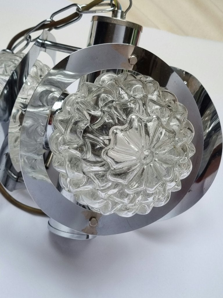 Lustre Vintage Chromé et Verre Texturé Années 70 Space Age, Enlèvement ou Envoi, Verre, Space age 70'S, E27 (grand)