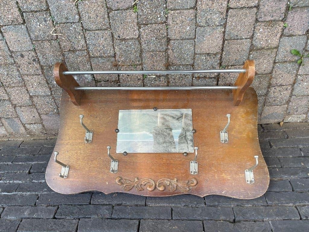 Vintage houten kapstok met spiegel en handdoekenrek, Ophalen, Gebruikt, Hout, Wandkapstok