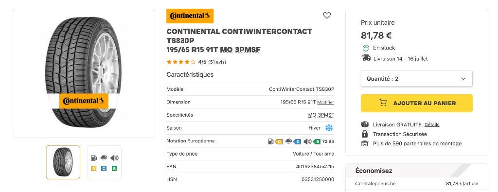 PNEUS Continental ContiWinterContact, 15 pouces, Pneus hiver, Pneu(s), Enlèvement