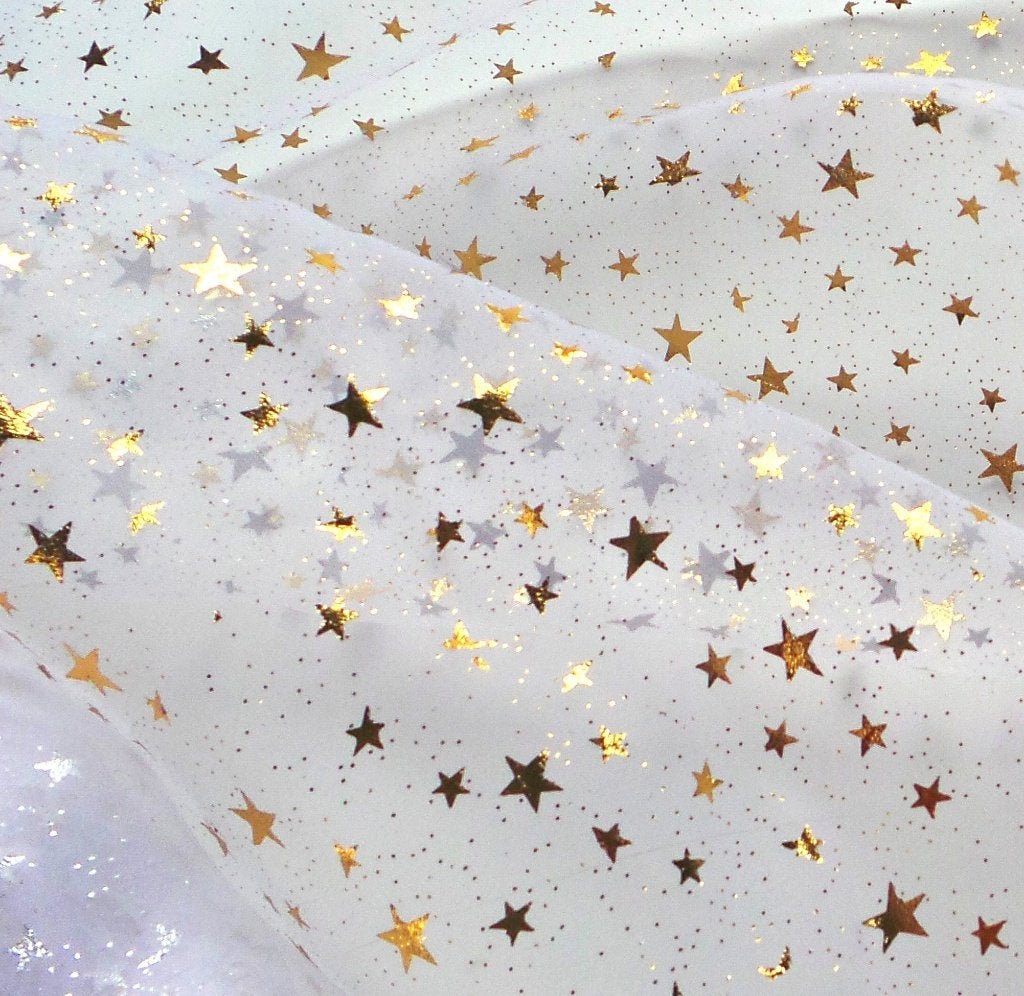!met gebreken! 5 meter organza wit gouden sterretjes glitter, Hobby en Vrije tijd, 120 cm of meer, Wit, Ophalen of Verzenden, Polyester