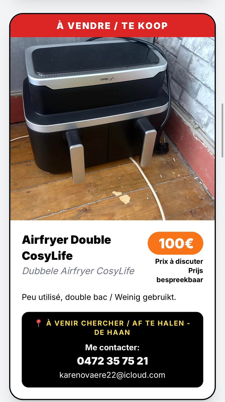 Airfrayer double, Electroménager, Enlèvement, Comme neuf, Friteuse à air XL