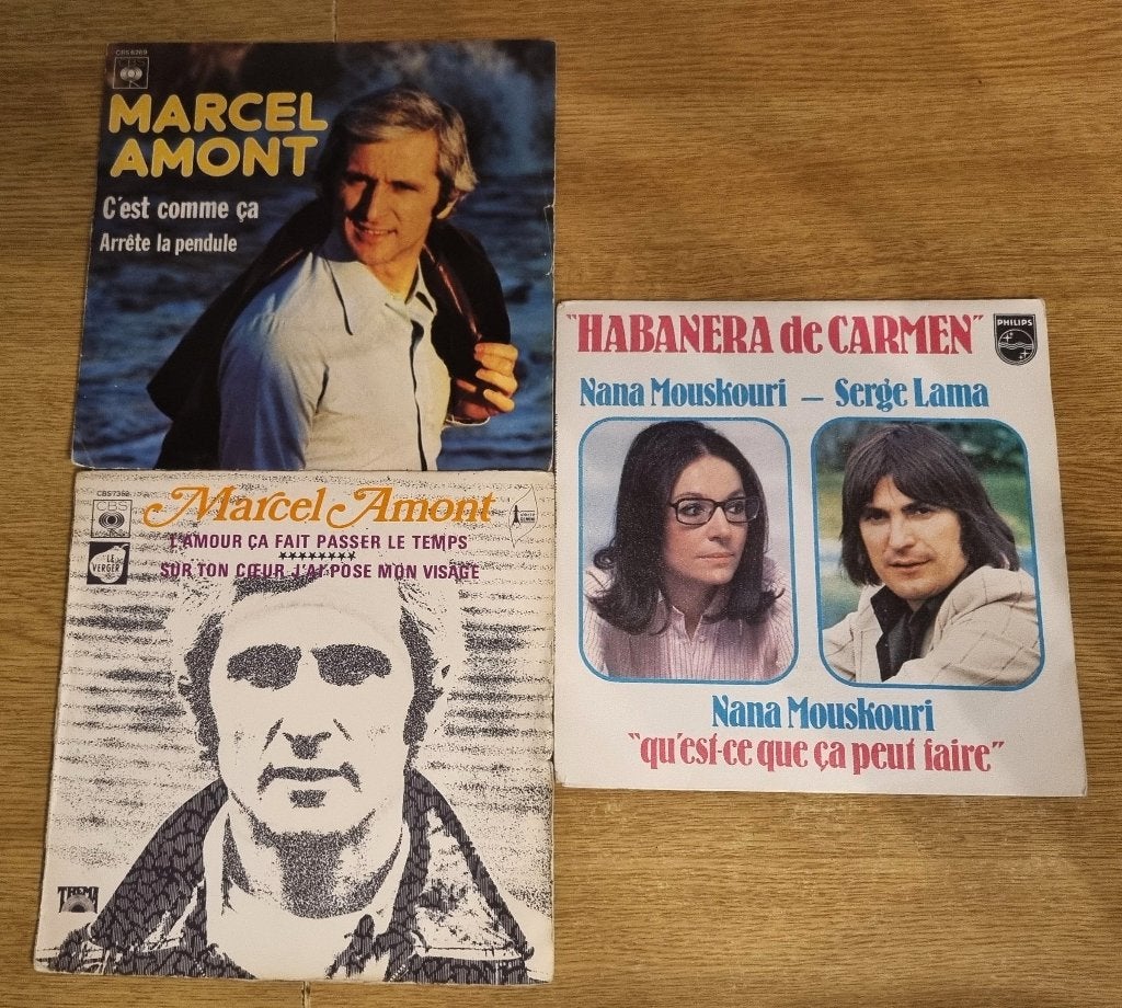 Vinyles 45t M.Amont, S. Lama et N.Mouskouri ; pos.achat sép., Enlèvement ou Envoi