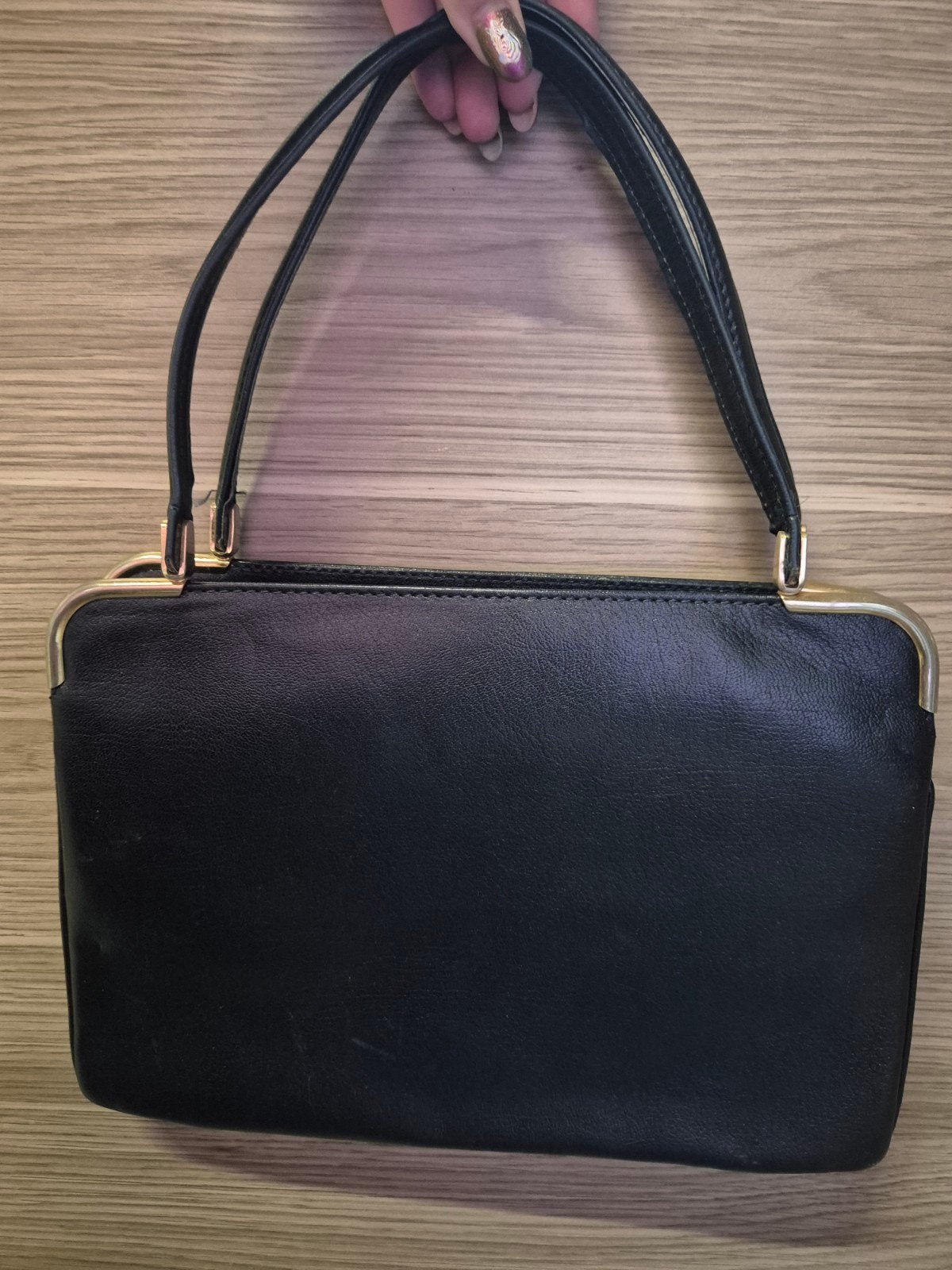 Vintage 60s Zwart Leren Beugel Tas, Handtassen en Accessoires, Tassen | Damestassen, Ophalen of Verzenden, Blauw, Handtas