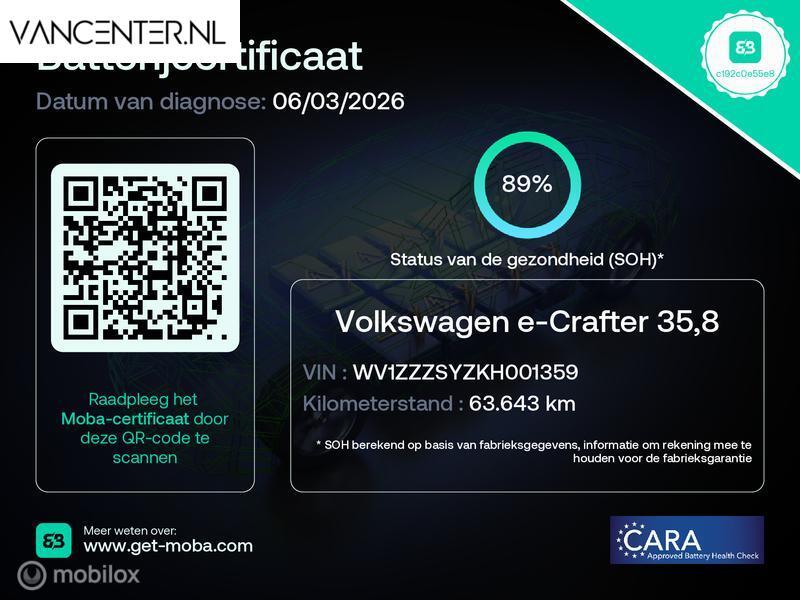 Volkswagen e-Crafter L3H3 36 kWh 89% SOH Apple CarPlay Airco, 100 kW, Achat, Entreprise, 3 places